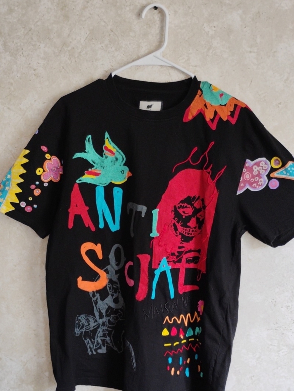 Madison Noir Black 'Anti Social' Graphic Tee with Multicolor Artwork, Artsy